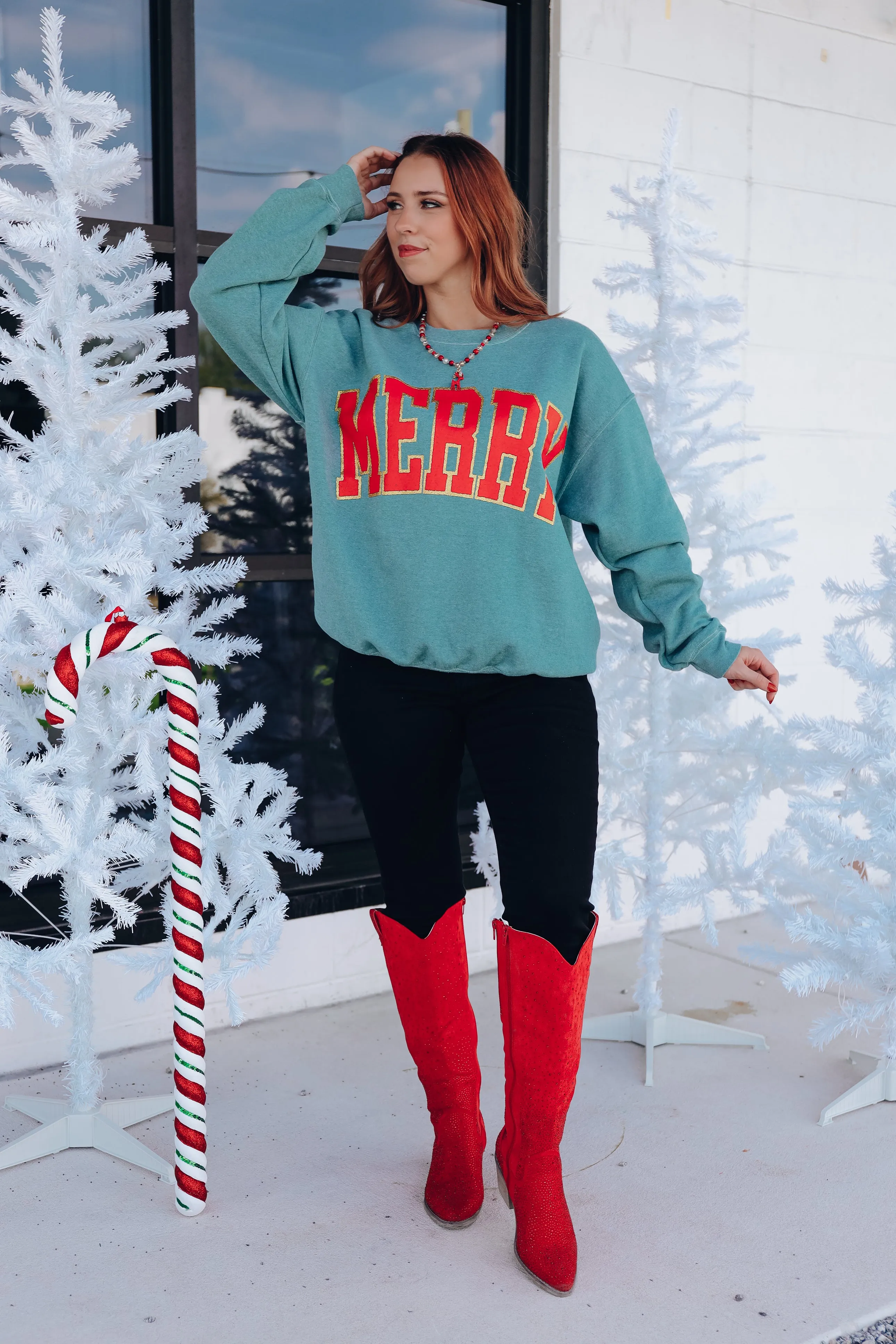 Merry Glitter Graphic Sweatshirt - Green