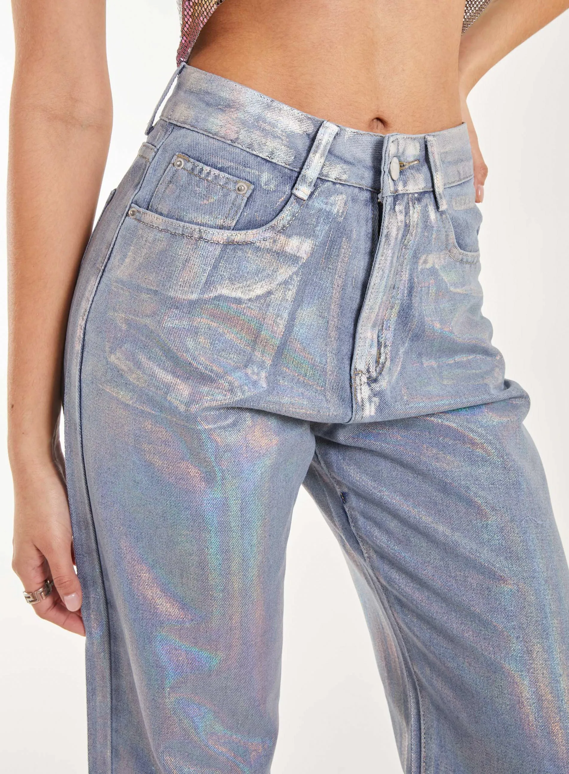 Metallic Silver Foil Coated Jeans