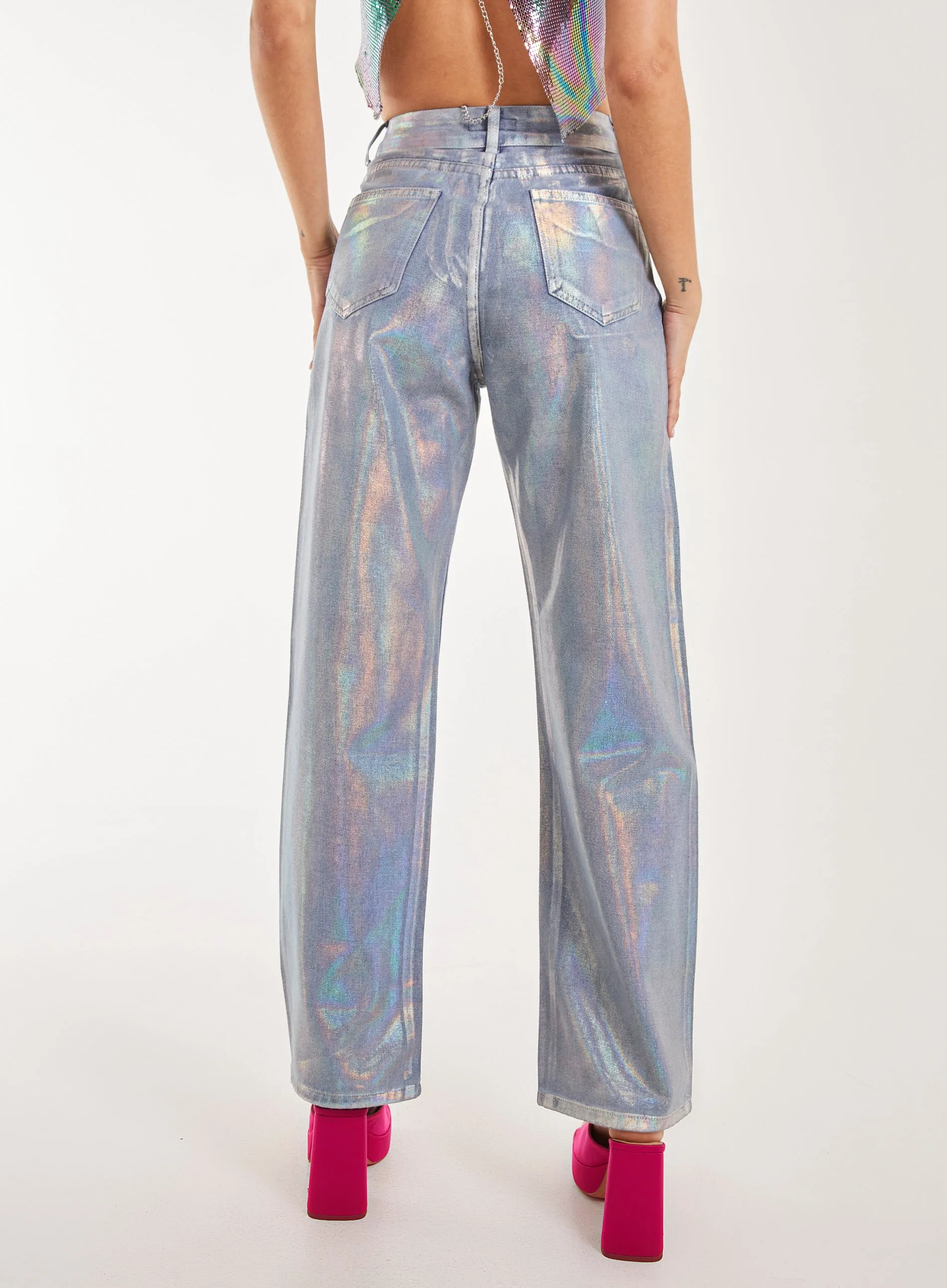 Metallic Silver Foil Coated Jeans