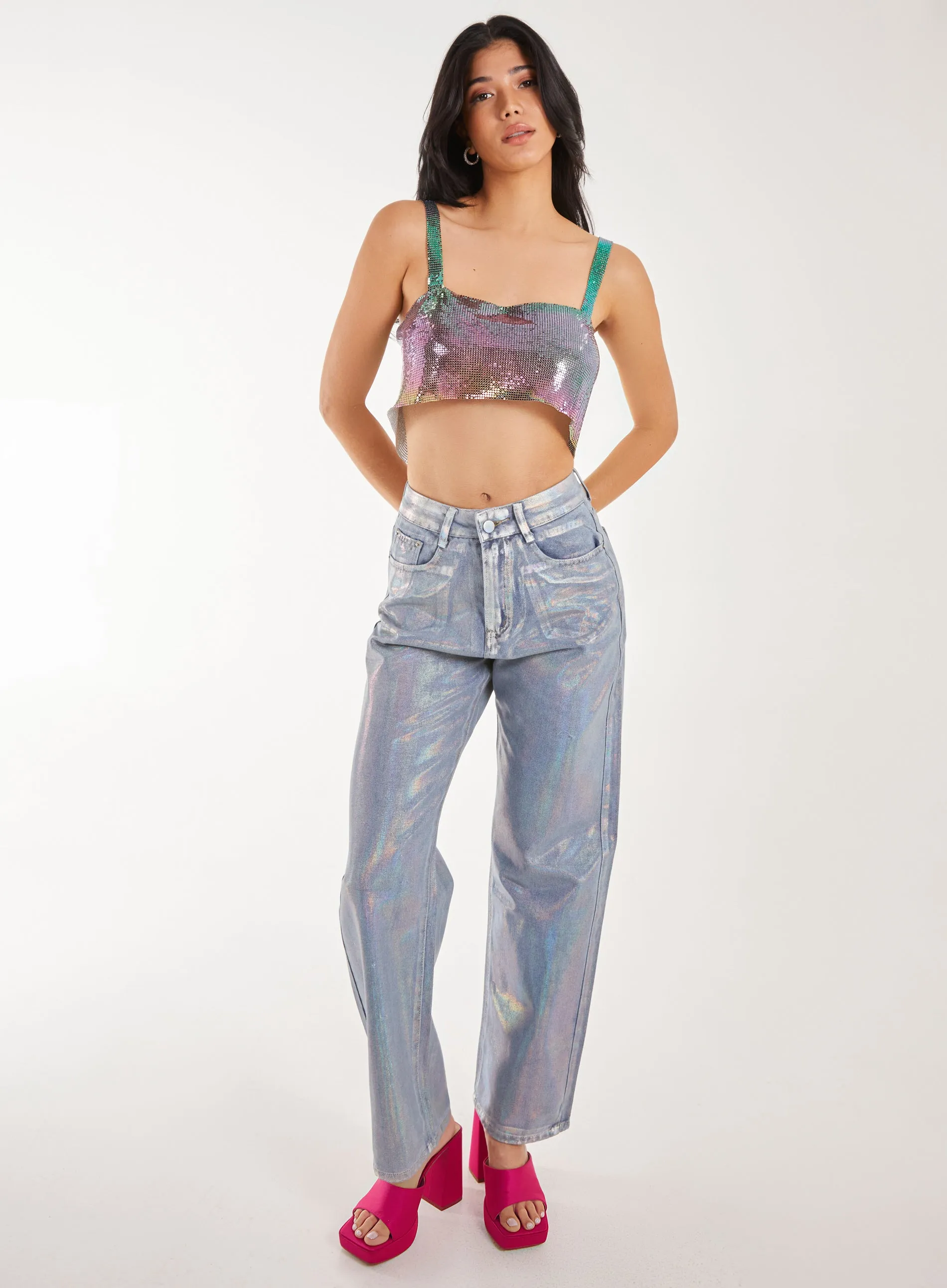 Metallic Silver Foil Coated Jeans