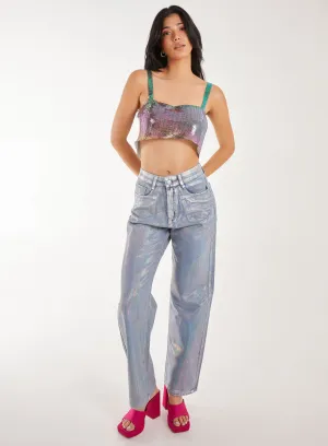 Metallic Silver Foil Coated Jeans