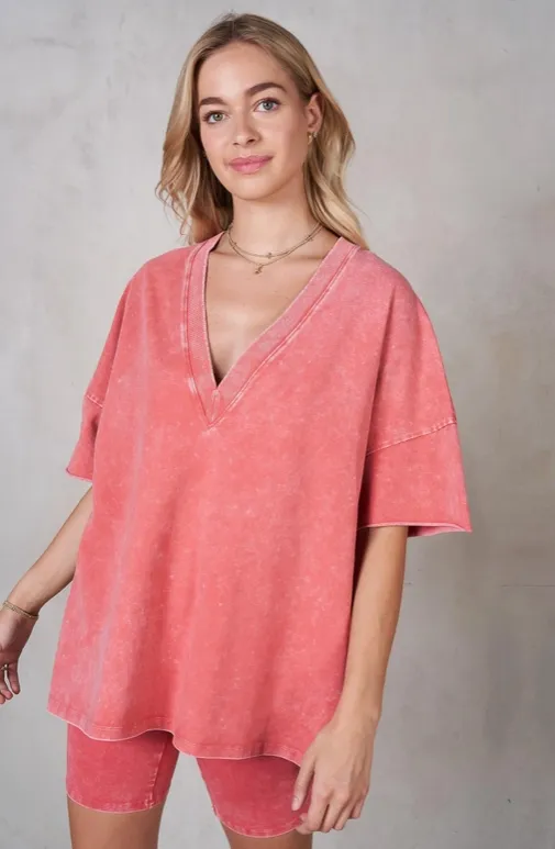 Mineral Washed Biker Short Set - Scarlet
