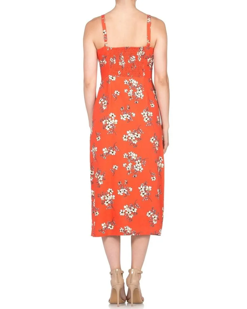Miss Me Orange Red Floral Print Button Front Midi Dress