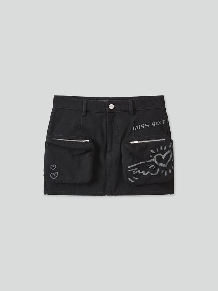 Miss Sixty X Keith Haring Capsule Collection Cargo Style Denim Skirt With Pockets