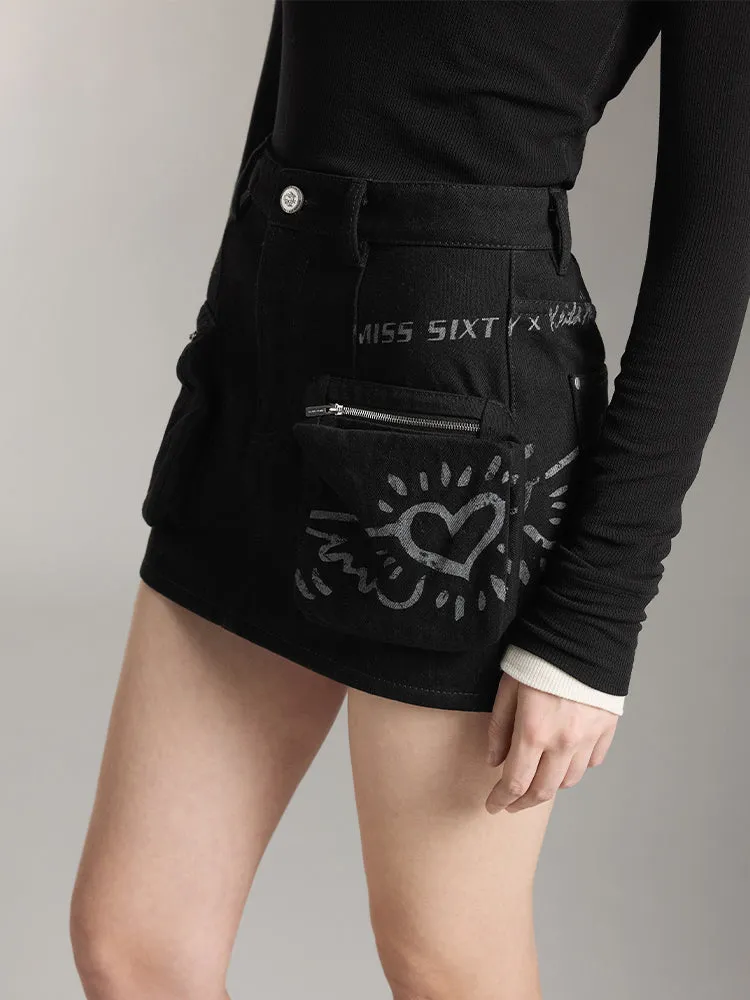 Miss Sixty X Keith Haring Capsule Collection Cargo Style Denim Skirt With Pockets