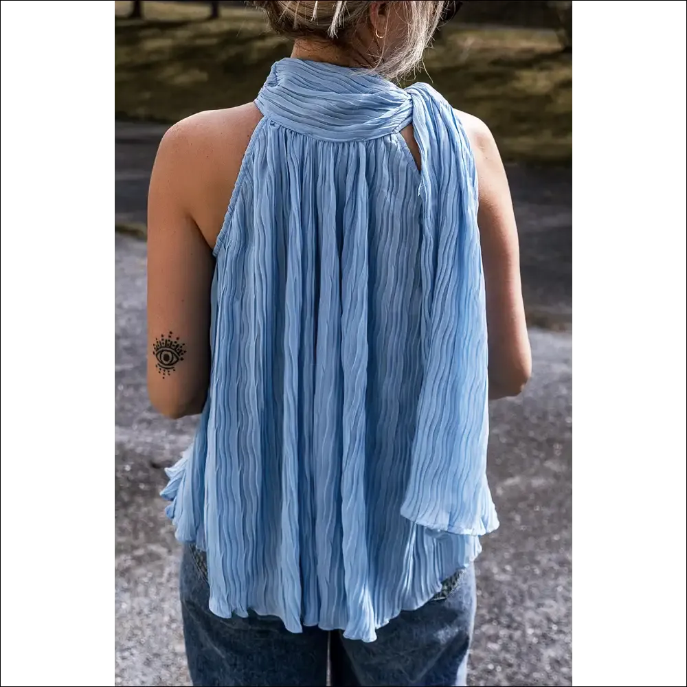 Myosotis Textured Pleated Tie Mock Neck Sleeveless Top