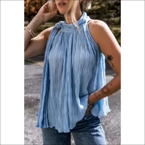 Myosotis Textured Pleated Tie Mock Neck Sleeveless Top