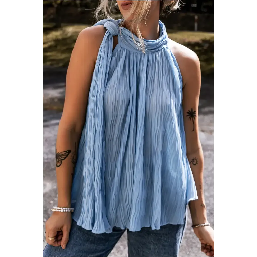 Myosotis Textured Pleated Tie Mock Neck Sleeveless Top