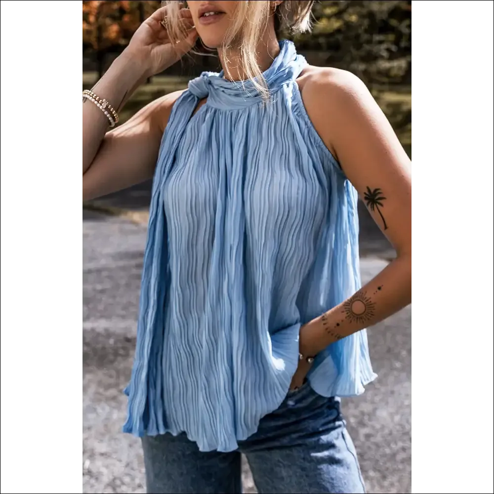 Myosotis Textured Pleated Tie Mock Neck Sleeveless Top