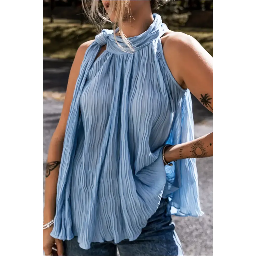 Myosotis Textured Pleated Tie Mock Neck Sleeveless Top