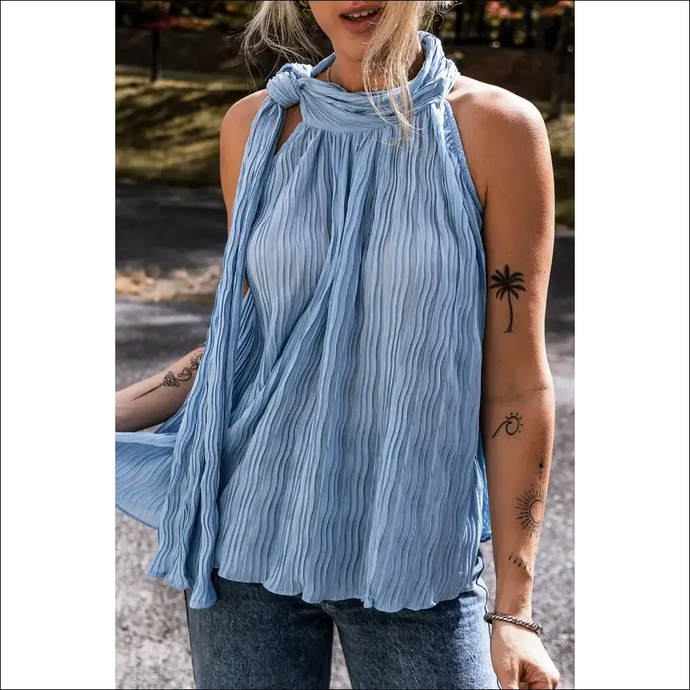 Myosotis Textured Pleated Tie Mock Neck Sleeveless Top