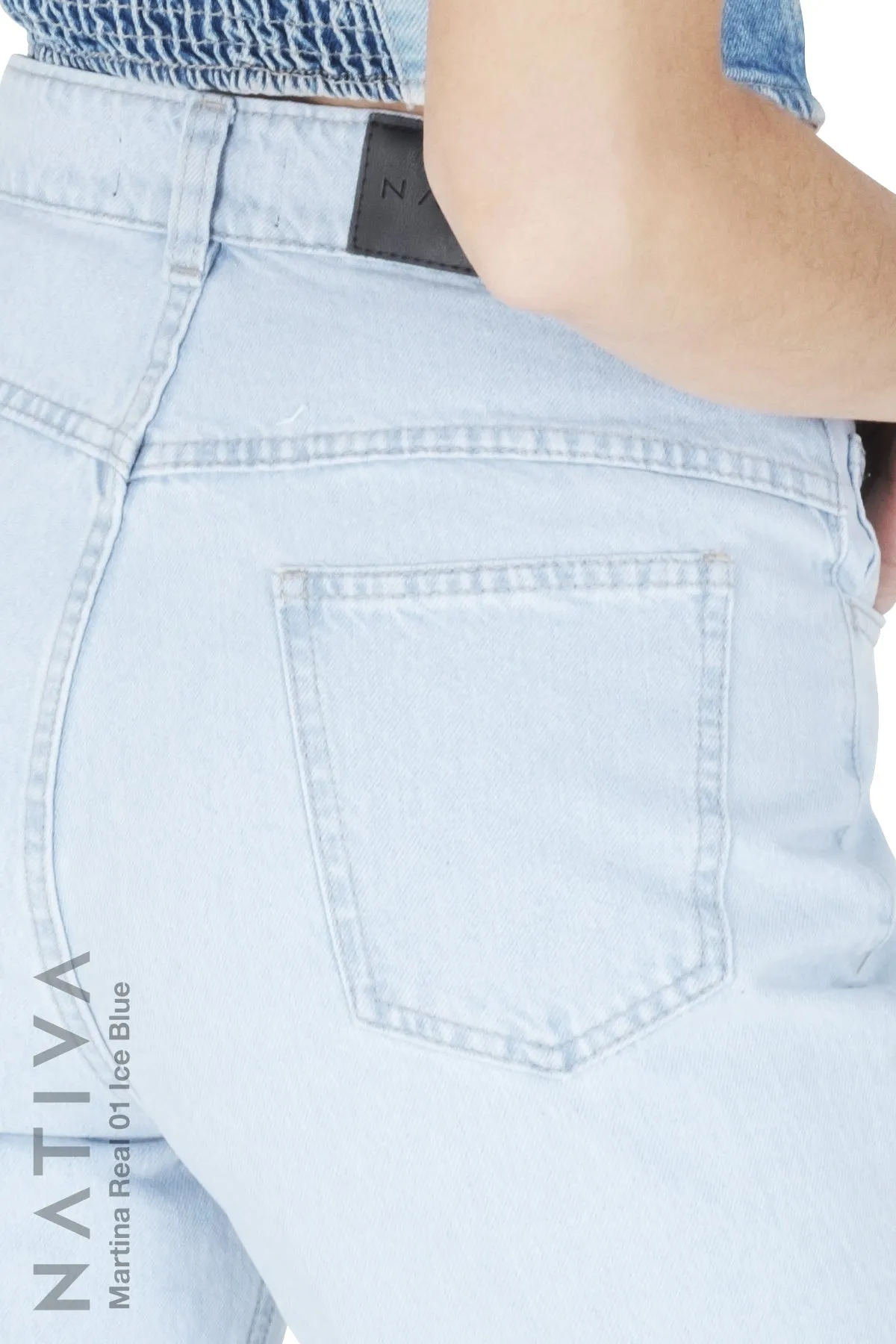 NATIVA, RIGID JEANS. MARTINA REAL 01 ICE BLUE, 100% True Denim Native Virgin Cotton, Ideal Comfort, Hi-Rise Relaxed Mom Jeans