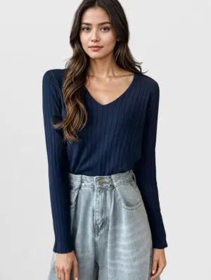 Navy Plunge Neck Flat Knit Top