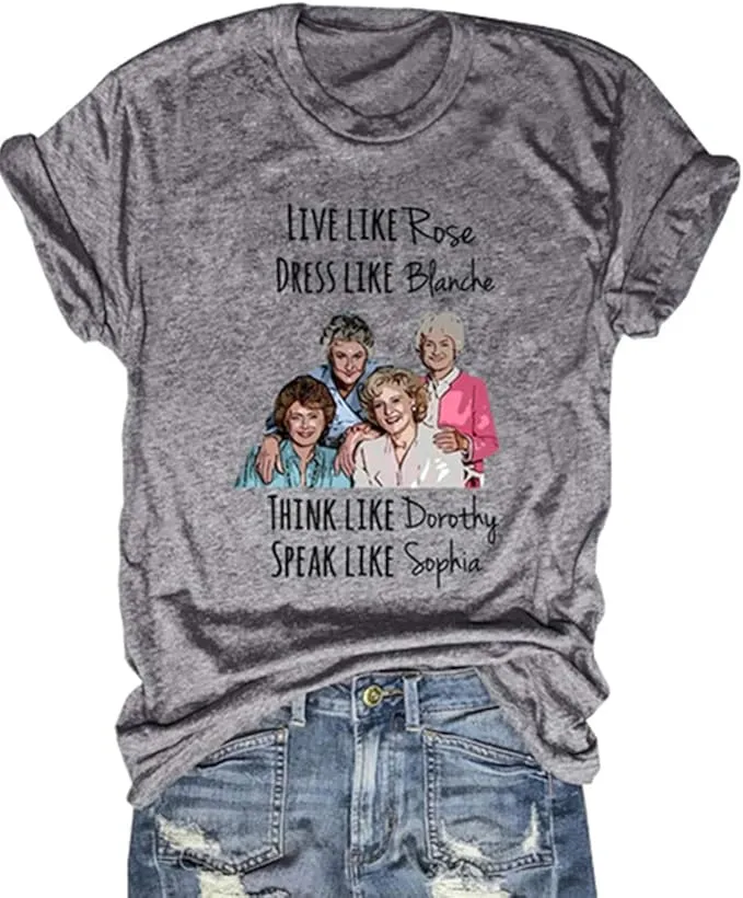 New Beopjesk Womens Live Like Rose Cartoon Golden Girl T-Shirt Funny Short Sleeve Round Neck Graphic Tees Tops Grey Sz L