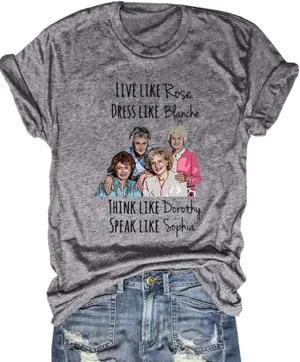 New Beopjesk Womens Live Like Rose Cartoon Golden Girl T-Shirt Funny Short Sleeve Round Neck Graphic Tees Tops Grey Sz L