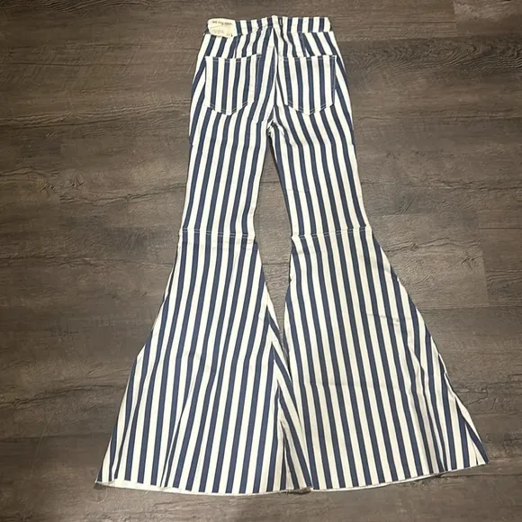 NWOT Free People Just Float On Printed Flare Jeans in Navy Hampton Stripe Z571