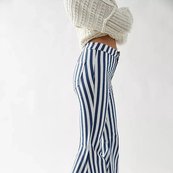 NWOT Free People Just Float On Printed Flare Jeans in Navy Hampton Stripe Z571