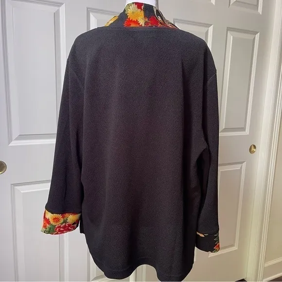 NWOT Soft Surroundings Asian Kimono Jacket Floral One Button 3/4 Sleeve Black