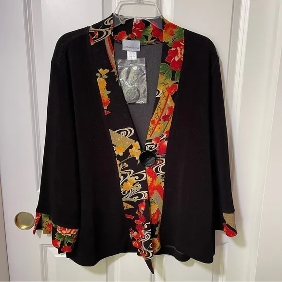 NWOT Soft Surroundings Asian Kimono Jacket Floral One Button 3/4 Sleeve Black