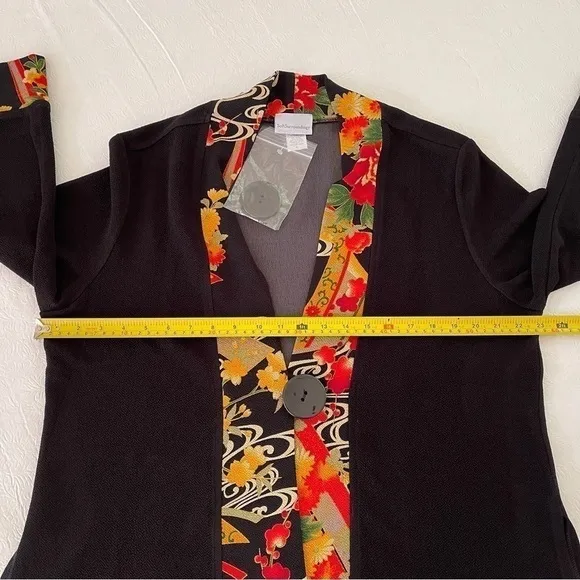 NWOT Soft Surroundings Asian Kimono Jacket Floral One Button 3/4 Sleeve Black