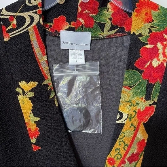NWOT Soft Surroundings Asian Kimono Jacket Floral One Button 3/4 Sleeve Black