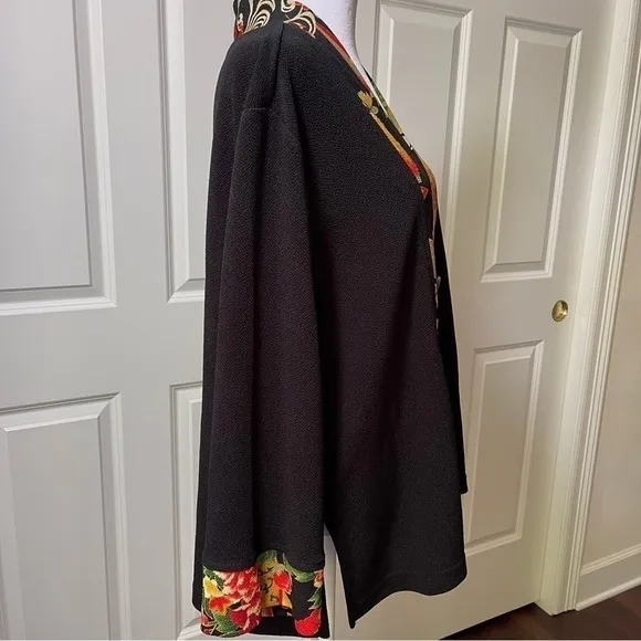 NWOT Soft Surroundings Asian Kimono Jacket Floral One Button 3/4 Sleeve Black