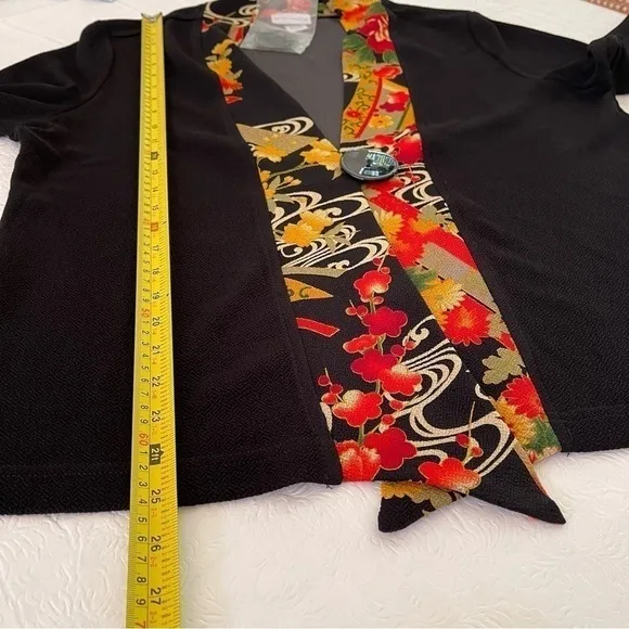 NWOT Soft Surroundings Asian Kimono Jacket Floral One Button 3/4 Sleeve Black
