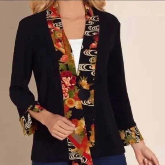 NWOT Soft Surroundings Asian Kimono Jacket Floral One Button 3/4 Sleeve Black