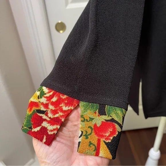 NWOT Soft Surroundings Asian Kimono Jacket Floral One Button 3/4 Sleeve Black