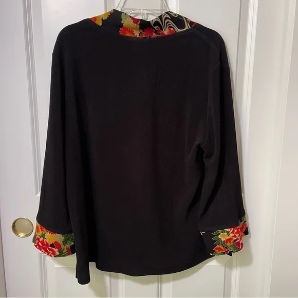 NWOT Soft Surroundings Asian Kimono Jacket Floral One Button 3/4 Sleeve Black