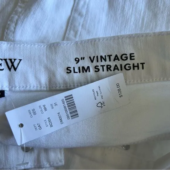 NWT J.Crew White 9” Vintage Slim Straight Denim Jeans Size 31