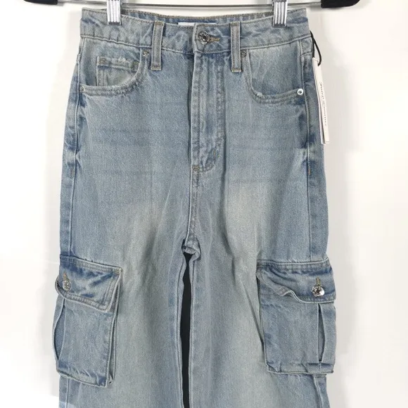 NWT Juicy Couture LUNITA St JC513-WOLGLIGHT WASH Cargo Jeans Frayed Hem Size 24