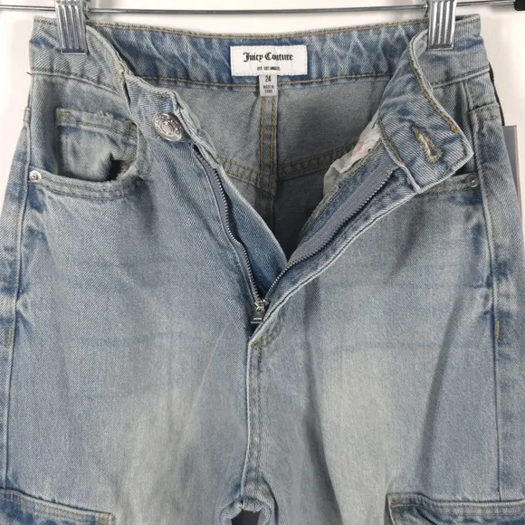 NWT Juicy Couture LUNITA St JC513-WOLGLIGHT WASH Cargo Jeans Frayed Hem Size 24