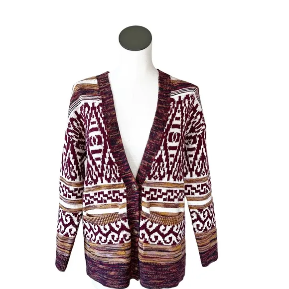 NWT Lucky Brand Jacquard Boyfriend Cardigan Oversized Sweater Red Multi