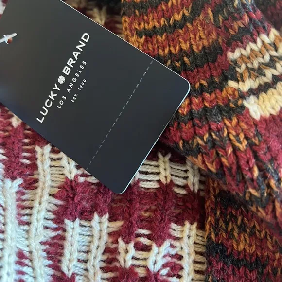 NWT Lucky Brand Jacquard Boyfriend Cardigan Oversized Sweater Red Multi