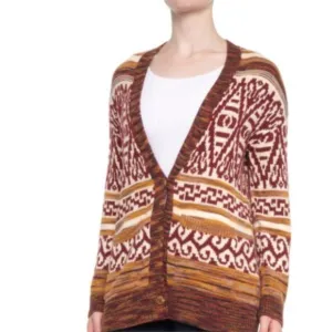 NWT Lucky Brand Jacquard Boyfriend Cardigan Oversized Sweater Red Multi