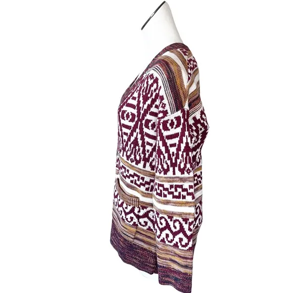 NWT Lucky Brand Jacquard Boyfriend Cardigan Oversized Sweater Red Multi