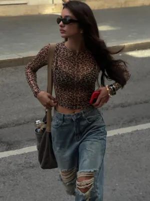Obsidian Phoenix Leopard Mesh Long Sleeve Top