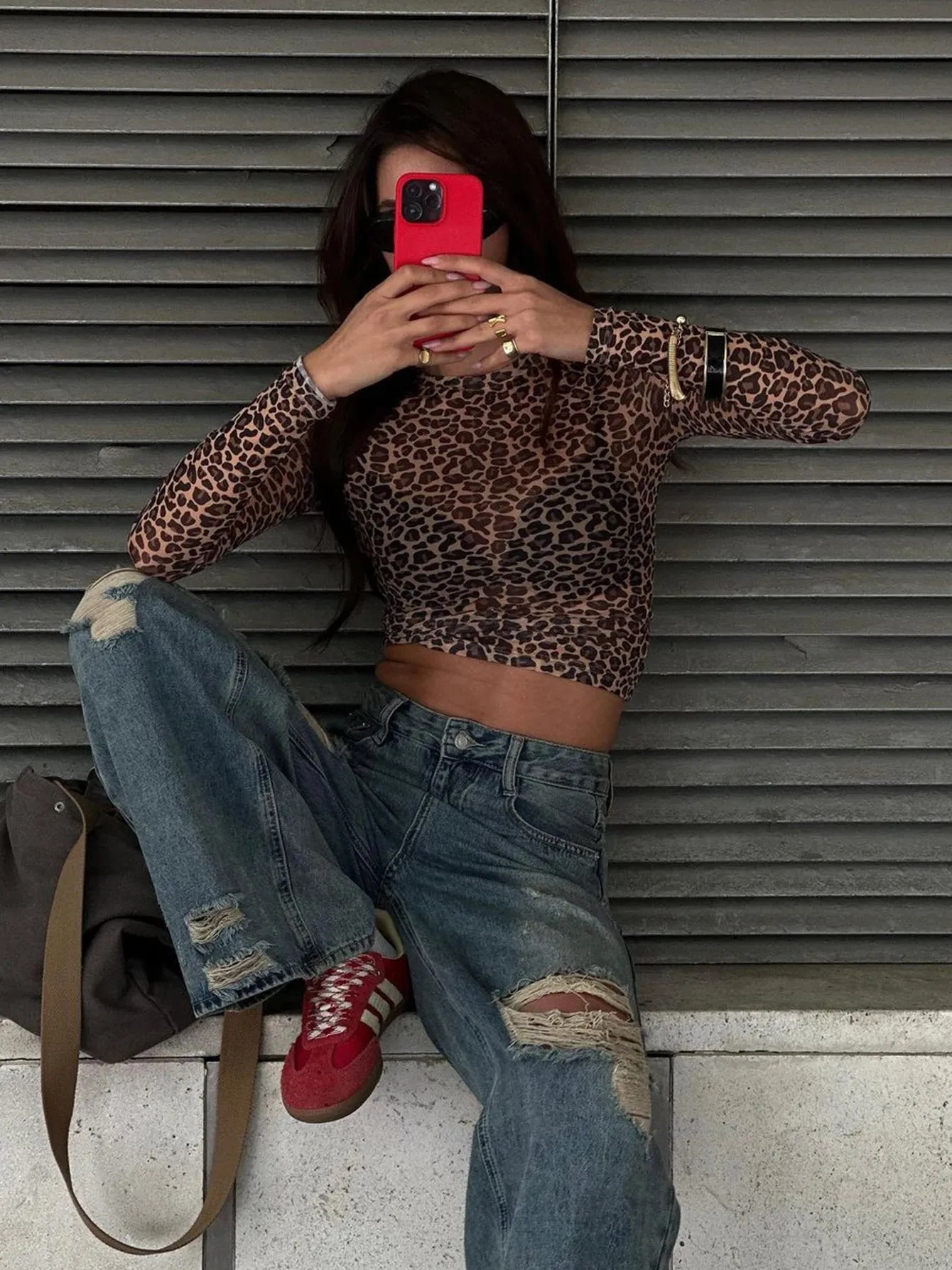Obsidian Phoenix Leopard Mesh Long Sleeve Top