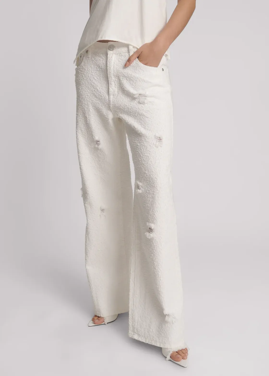 ONE TEASPOON Textured Jackson Mid Waist Wide Leg Denim Jeans - White