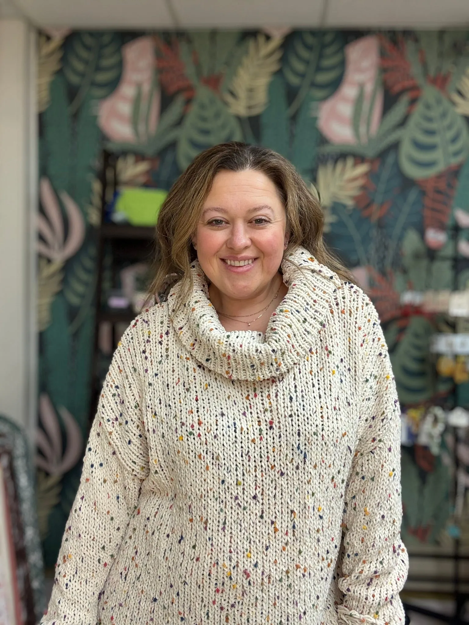 Oversized multicolored dot turtle neck