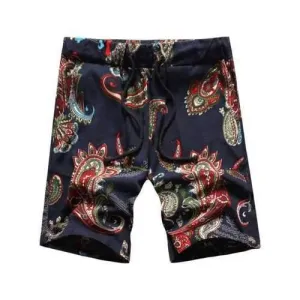 Paisley Print Drawstring Waist Shorts - Purplish Blue Xl