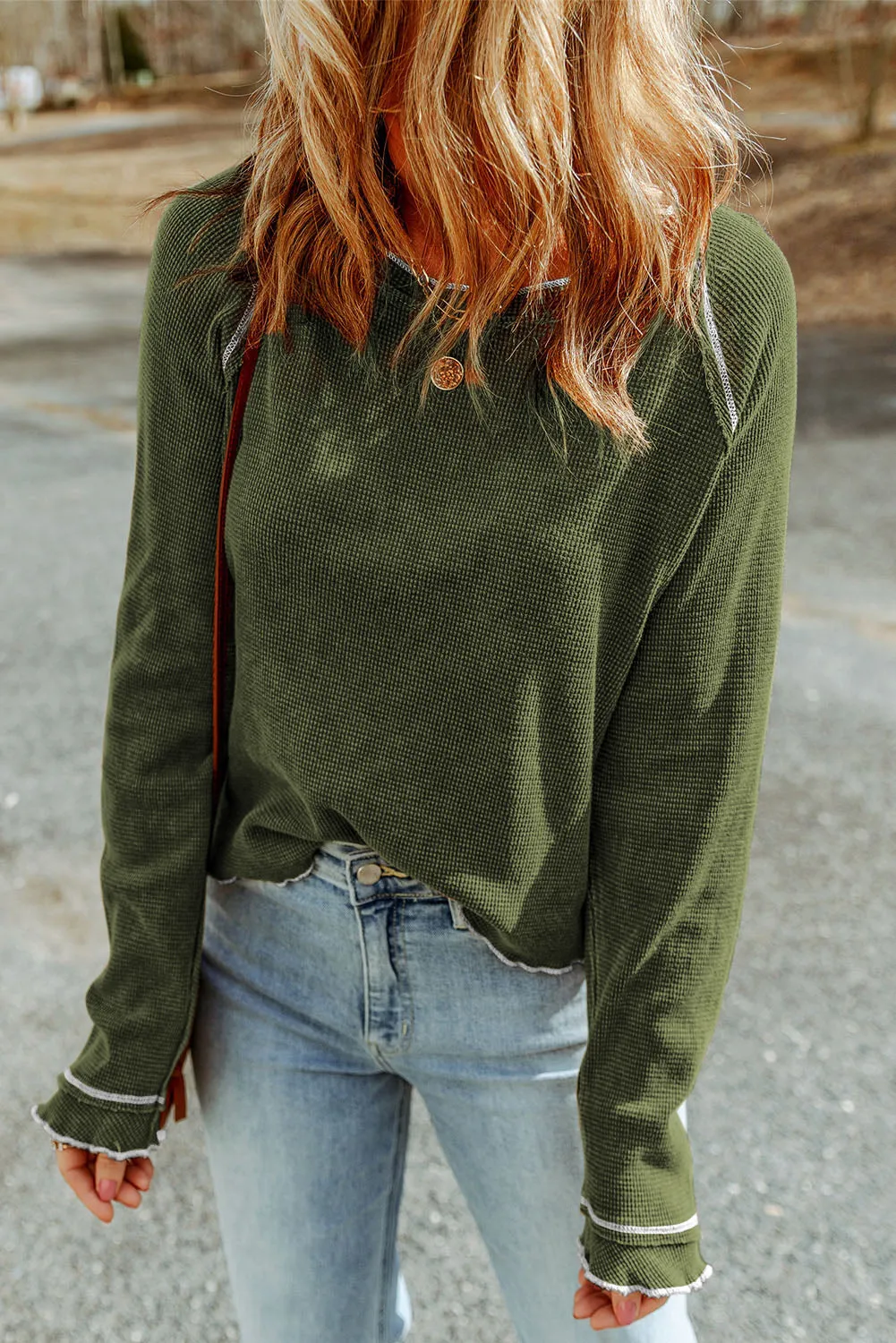 Pickle Green Textured Round Neck Long Sleeve Top