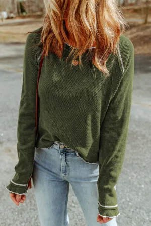 Pickle Green Textured Round Neck Long Sleeve Top