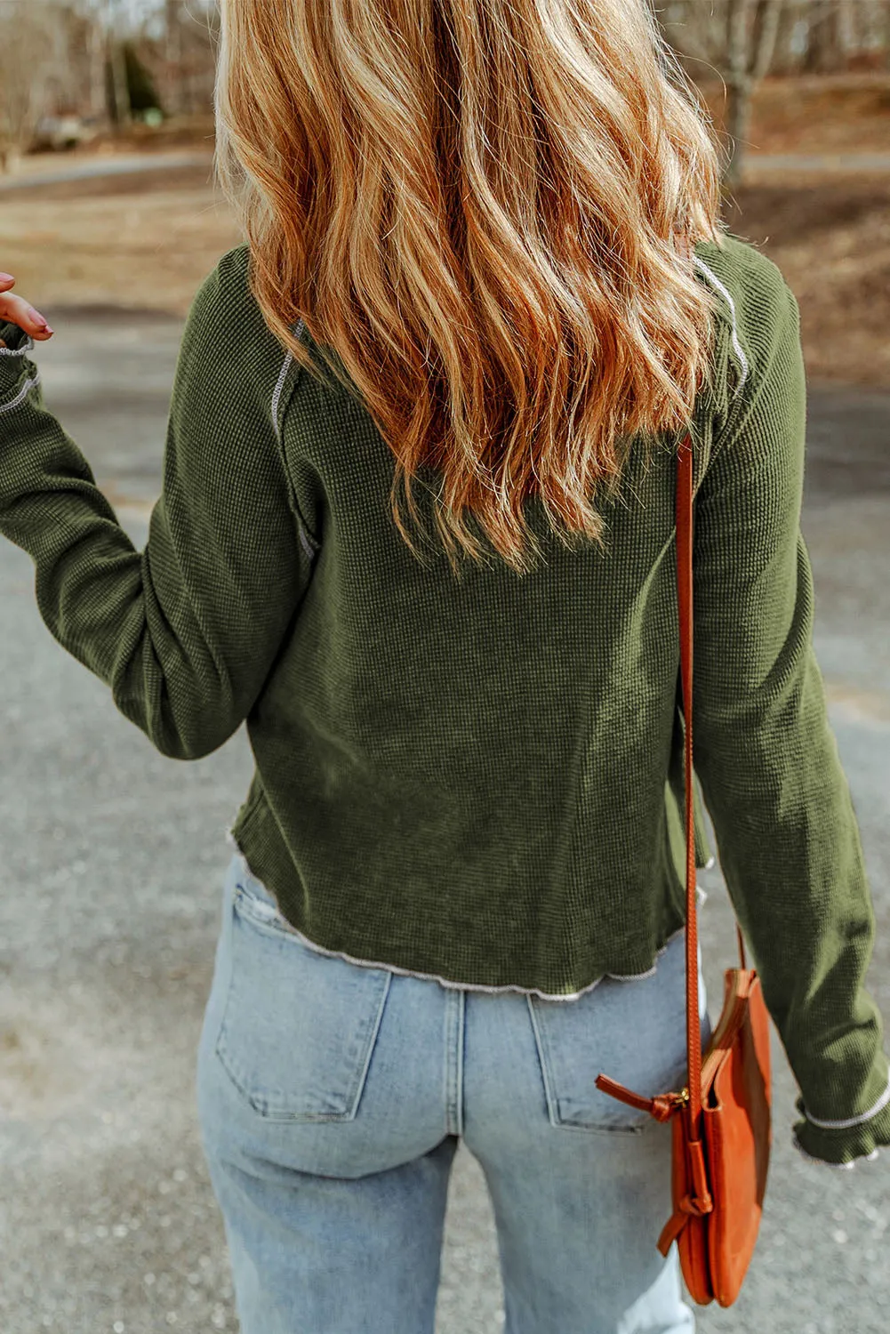 Pickle Green Textured Round Neck Long Sleeve Top