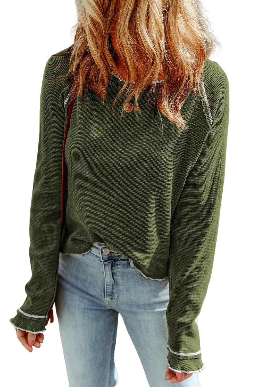Pickle Green Textured Round Neck Long Sleeve Top