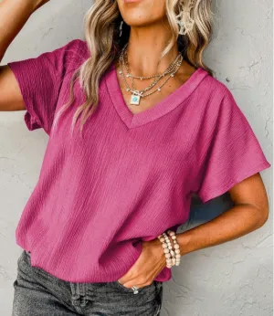 Pink Crinkled V Neck Top