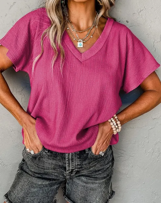 Pink Crinkled V Neck Top