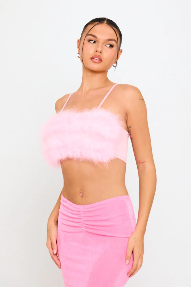 Pink Fluffy Faux Fur Spaghetti Strap Crop Top
