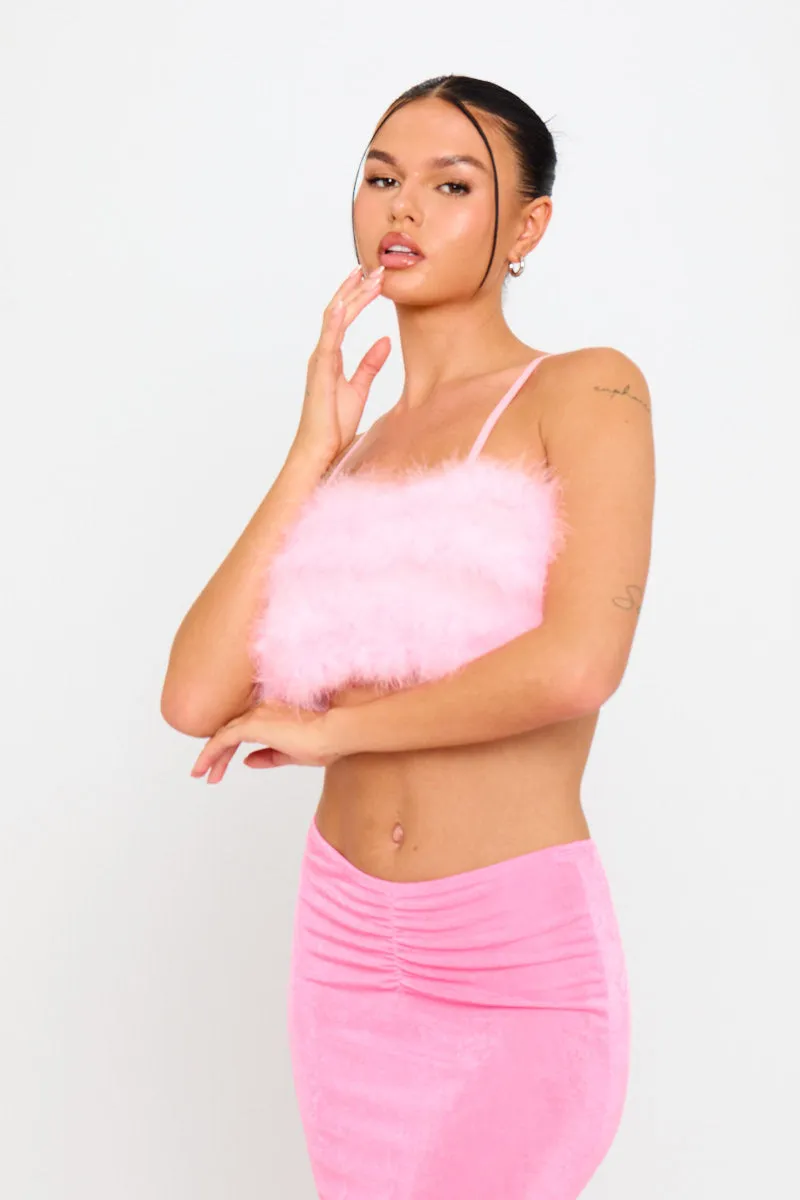 Pink Fluffy Faux Fur Spaghetti Strap Crop Top